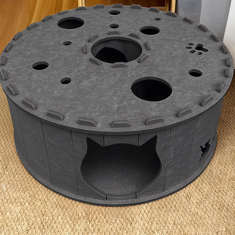 Contemporary Creative Felt Round Cat Bed With Tunnel Design For Living Room & Bedroom