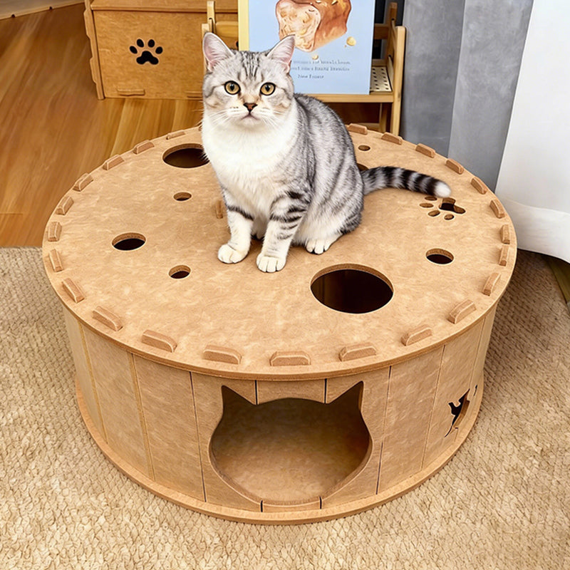 Contemporary Creative Felt Round Cat Bed With Tunnel Design For Living Room & Bedroom