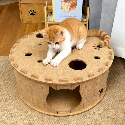 Contemporary Creative Felt Round Cat Bed With Tunnel Design For Living Room & Bedroom