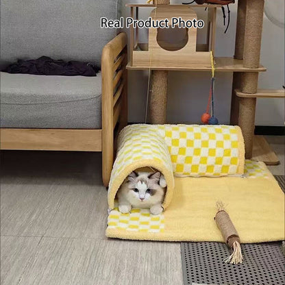 Contemporary Creative Arctic Velvet Square Tunnel Cat Bed For Living Room & Bedroom