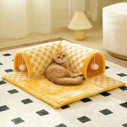 Contemporary Creative Arctic Velvet Square Tunnel Cat Bed For Living Room & Bedroom