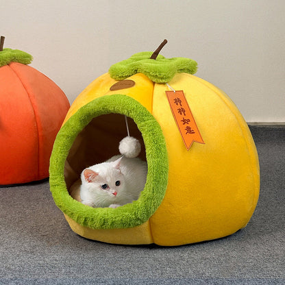 Contemporary Creative Velvet PP Cotton Persimmon-Shaped Cat Bed 1-Toy Ball For Living Room & Bedroom