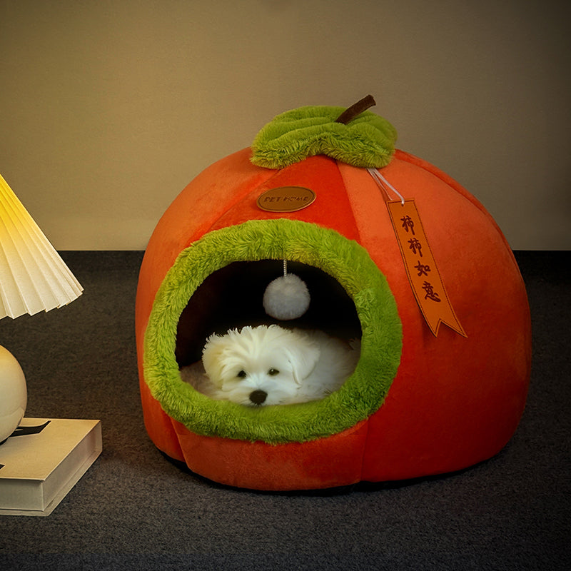 Contemporary Creative Velvet PP Cotton Persimmon-Shaped Cat Bed 1-Toy Ball For Living Room & Bedroom