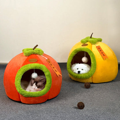 Contemporary Creative Velvet PP Cotton Persimmon-Shaped Cat Bed 1-Toy Ball For Living Room & Bedroom