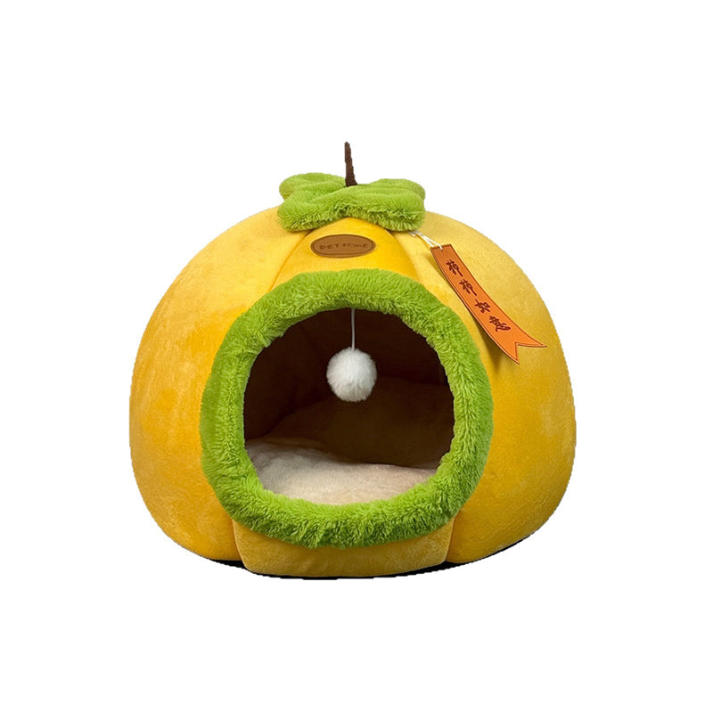 Contemporary Creative Velvet PP Cotton Persimmon-Shaped Cat Bed 1-Toy Ball For Living Room & Bedroom
