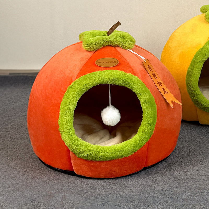 Contemporary Creative Velvet PP Cotton Persimmon-Shaped Cat Bed 1-Toy Ball For Living Room & Bedroom