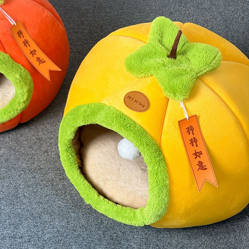 Contemporary Creative Velvet PP Cotton Persimmon-Shaped Cat Bed 1-Toy Ball For Living Room & Bedroom