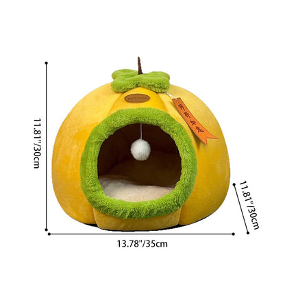 Contemporary Creative Velvet PP Cotton Persimmon-Shaped Cat Bed 1-Toy Ball For Living Room & Bedroom