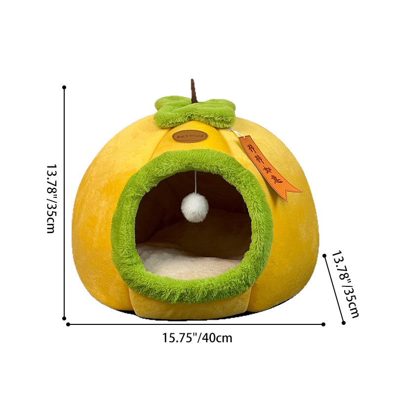 Contemporary Creative Velvet PP Cotton Persimmon-Shaped Cat Bed 1-Toy Ball For Living Room & Bedroom