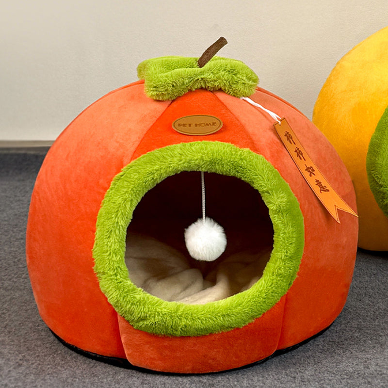 Contemporary Creative Velvet PP Cotton Persimmon-Shaped Cat Bed 1-Toy Ball For Living Room & Bedroom