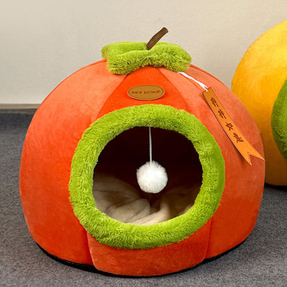 Contemporary Creative Velvet PP Cotton Persimmon-Shaped Cat Bed 1-Toy Ball For Living Room & Bedroom