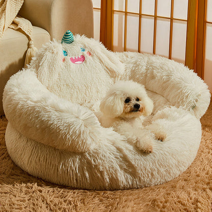 Contemporary Creative Long Velvet Round Cartoon Cat Bed For Living Room & Bedroom