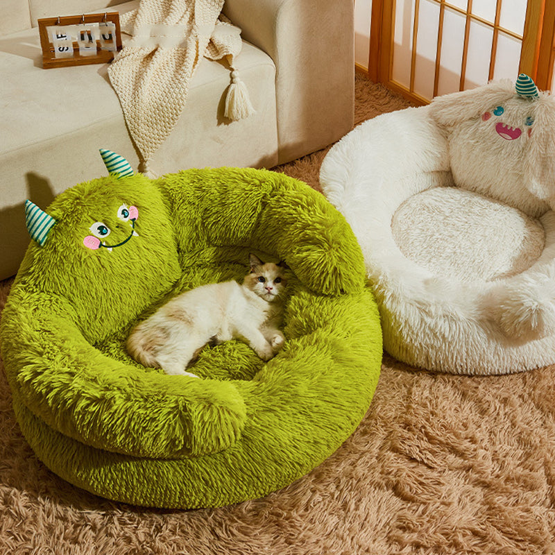 Contemporary Creative Long Velvet Round Cartoon Cat Bed For Living Room & Bedroom