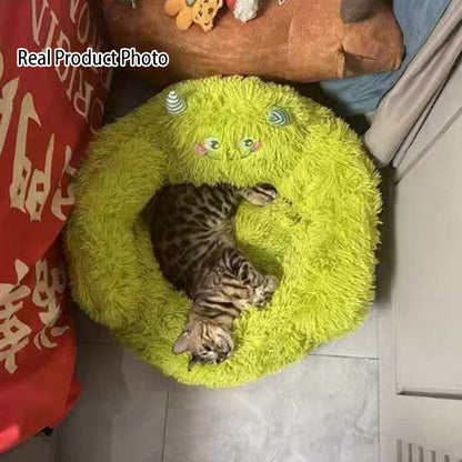 Contemporary Creative Long Velvet Round Cartoon Cat Bed For Living Room & Bedroom