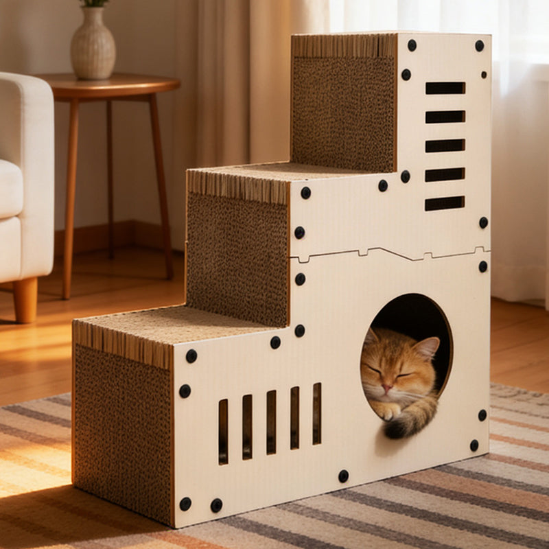Modern Minimalist MDF Corrugated Paper Rectangular Cat Bed Stair Design Multi-Functional Cat Scratching Board For Living Room & Bedroom