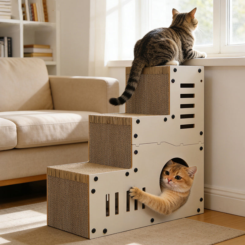 Modern Minimalist MDF Corrugated Paper Rectangular Cat Bed Stair Design Multi-Functional Cat Scratching Board For Living Room & Bedroom
