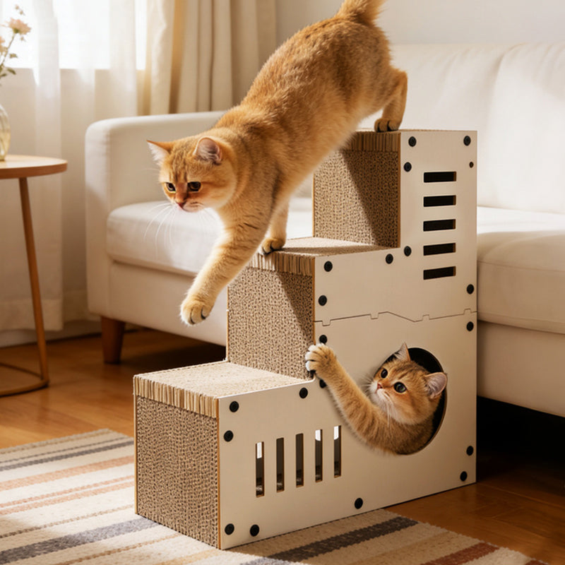 Modern Minimalist MDF Corrugated Paper Rectangular Cat Bed Stair Design Multi-Functional Cat Scratching Board For Living Room & Bedroom
