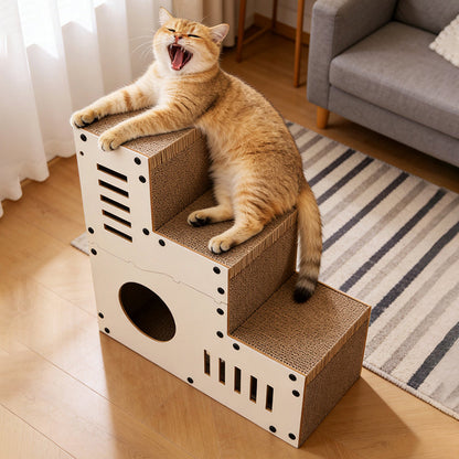 Modern Minimalist MDF Corrugated Paper Rectangular Cat Bed Stair Design Multi-Functional Cat Scratching Board For Living Room & Bedroom