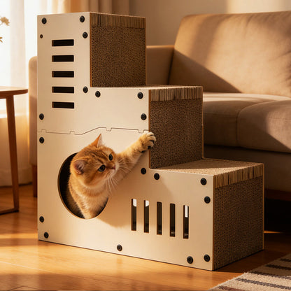Modern Minimalist MDF Corrugated Paper Rectangular Cat Bed Stair Design Multi-Functional Cat Scratching Board For Living Room & Bedroom