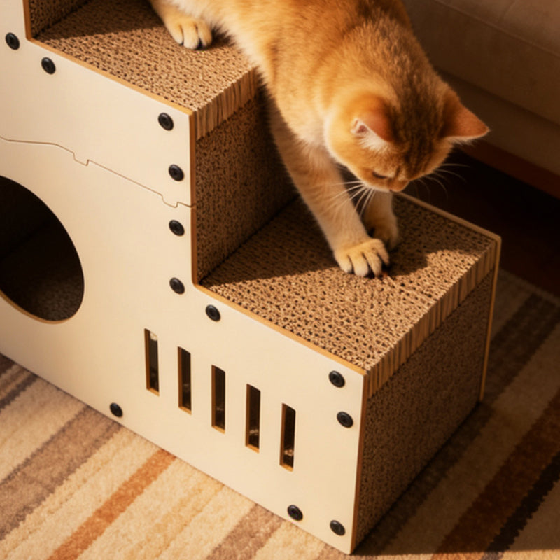Modern Minimalist MDF Corrugated Paper Rectangular Cat Bed Stair Design Multi-Functional Cat Scratching Board For Living Room & Bedroom