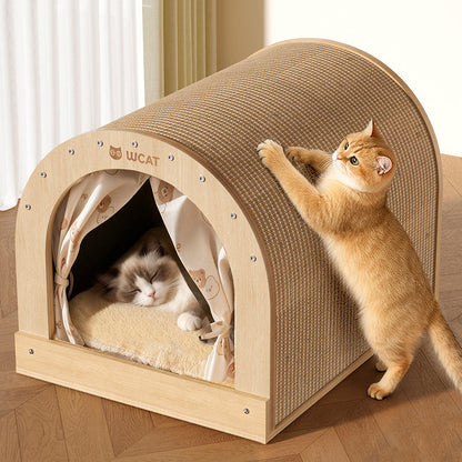 Modern Minimalist Plywood Sisal Flannel Oxford Cloth Arch Cat Bed For Living Room & Bedroom