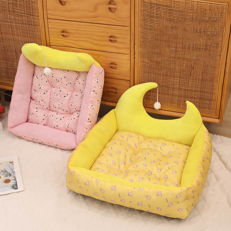 Contemporary Creative Oxford Fabric PP Cotton Rectangular Moon-Shaped Cat Bed 1-Toy Ball For Living Room & Bedroom