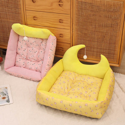 Contemporary Creative Oxford Fabric PP Cotton Rectangular Moon-Shaped Cat Bed 1-Toy Ball For Living Room & Bedroom