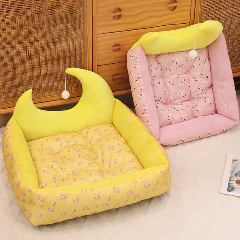 Contemporary Creative Oxford Fabric PP Cotton Rectangular Moon-Shaped Cat Bed 1-Toy Ball For Living Room & Bedroom