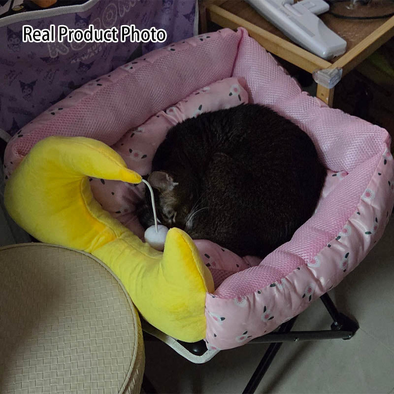 Contemporary Creative Oxford Fabric PP Cotton Rectangular Moon-Shaped Cat Bed 1-Toy Ball For Living Room & Bedroom