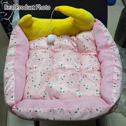 Contemporary Creative Oxford Fabric PP Cotton Rectangular Moon-Shaped Cat Bed 1-Toy Ball For Living Room & Bedroom