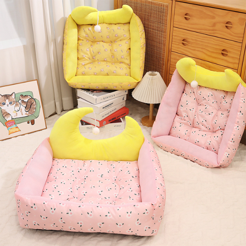 Contemporary Creative Oxford Fabric PP Cotton Rectangular Moon-Shaped Cat Bed 1-Toy Ball For Living Room & Bedroom