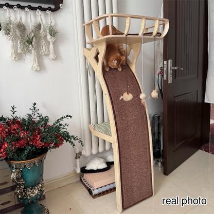 Modern Minimalist Plywood MDF Cotton-linen Rectangular Arc-Shaped Cat Tree & Condos 1-Hammock 1-Perch 1-Scratching Board For Living Room