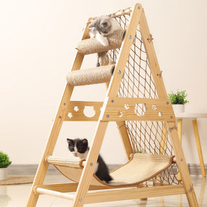 Modern Minimalist MDF Cotton-linen Jute Triangular Cat Tree & Condos 1-Hammock 2-Scratching Post For Living Room