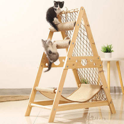 Modern Minimalist MDF Cotton-linen Jute Triangular Cat Tree & Condos 1-Hammock 2-Scratching Post For Living Room