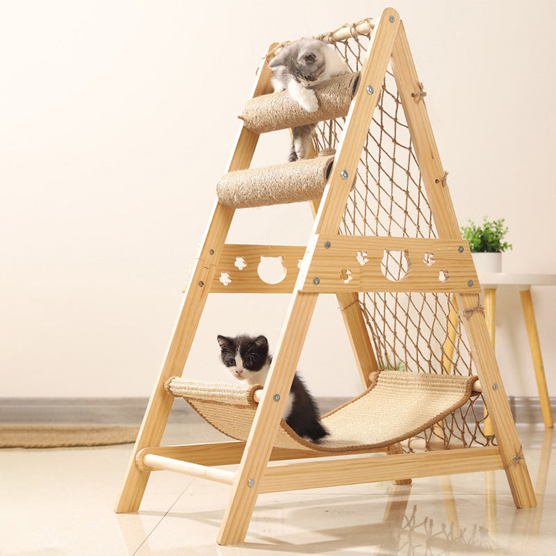 Modern Minimalist MDF Cotton-linen Jute Triangular Cat Tree & Condos 1-Hammock 2-Scratching Post For Living Room