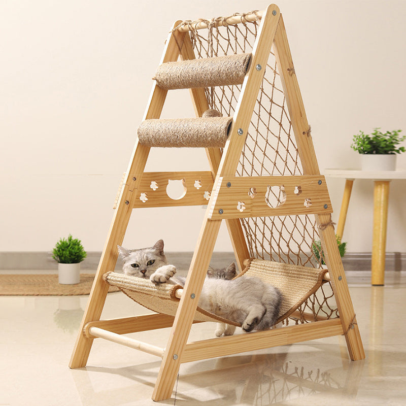Modern Minimalist MDF Cotton-linen Jute Triangular Cat Tree & Condos 1-Hammock 2-Scratching Post For Living Room