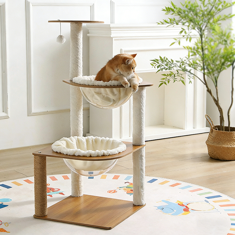 Modern Minimalist Composite Board Acrylic Velvet Sisal Rectangular Cat Tree & Condos 2-Condo 1-Perch 1-Toy Ball For Living Room