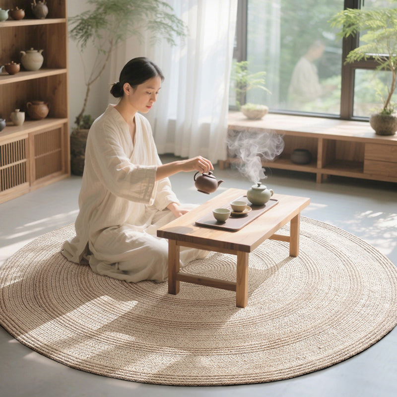 Traditional Japanese Round Wool Jute Blend Non-Slip Hand-Woven Textured Weave Rug For Living Room