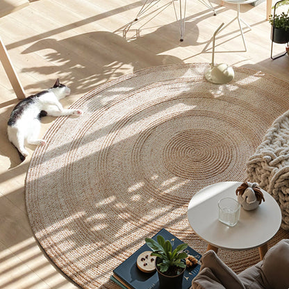 Traditional Japanese Round Wool Jute Blend Non-Slip Hand-Woven Textured Weave Rug For Living Room