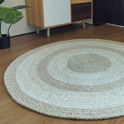 Traditional Japanese Round Wool Jute Blend Non-Slip Hand-Woven Textured Weave Rug For Living Room