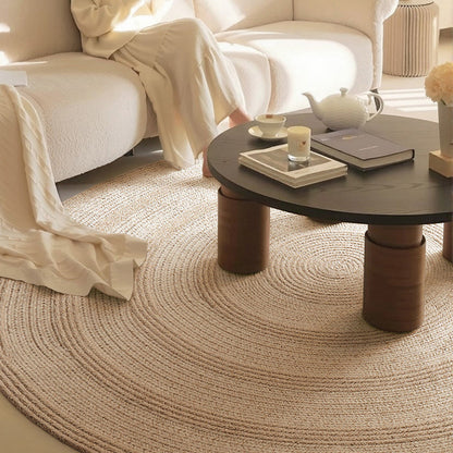 Traditional Japanese Round Wool Jute Blend Non-Slip Hand-Woven Textured Weave Rug For Living Room