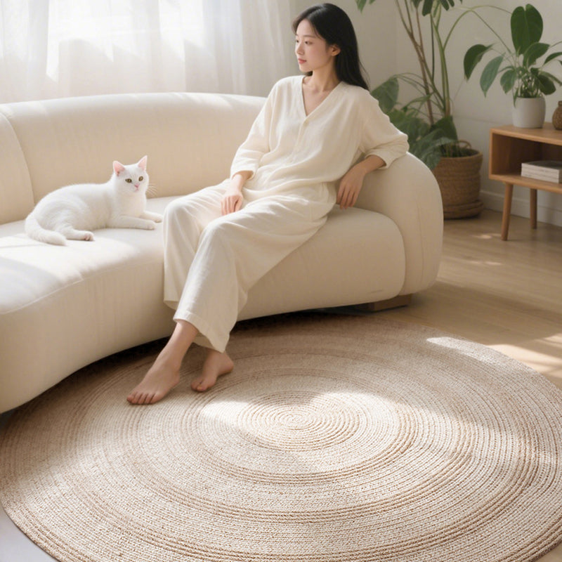 Traditional Japanese Round Wool Jute Blend Non-Slip Hand-Woven Textured Weave Rug For Living Room