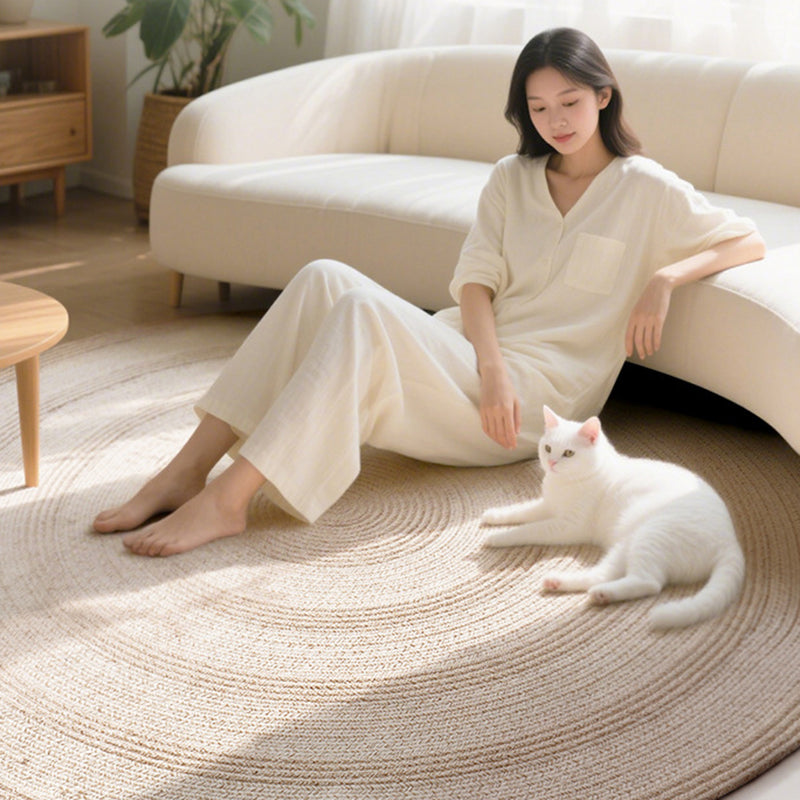 Traditional Japanese Round Wool Jute Blend Non-Slip Hand-Woven Textured Weave Rug For Living Room