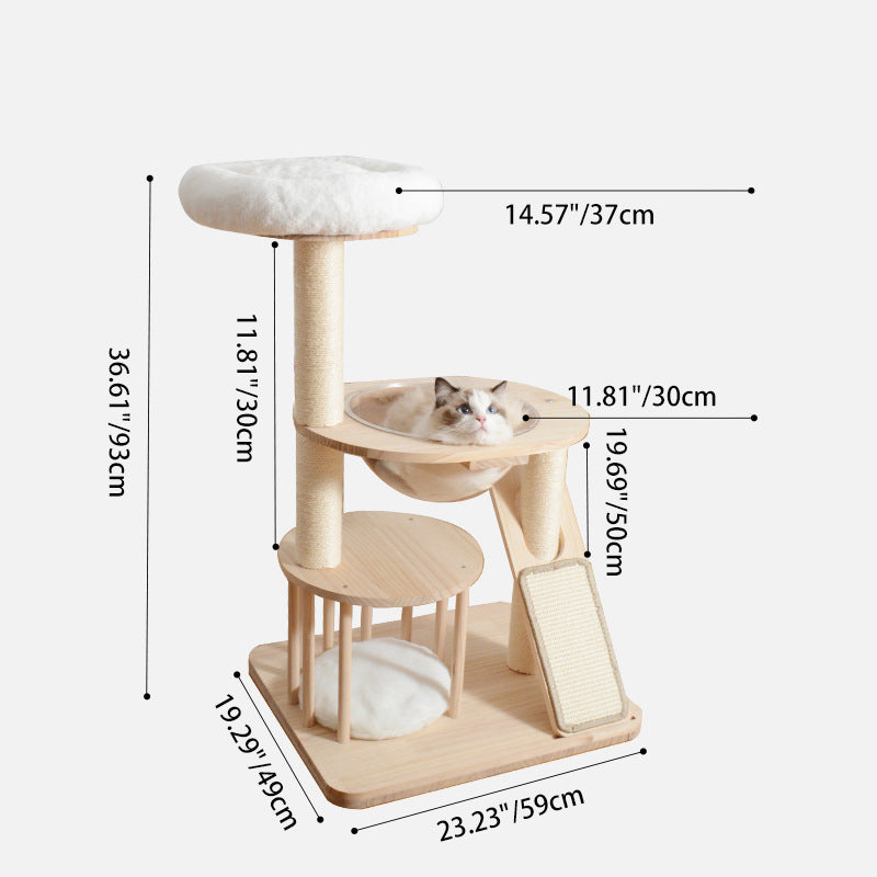 Contemporary Scandinavian Round Rubberwood Solid Wood Acrylic Velvet Fabric Sisal Cat Tree 3-Tier For Living Room