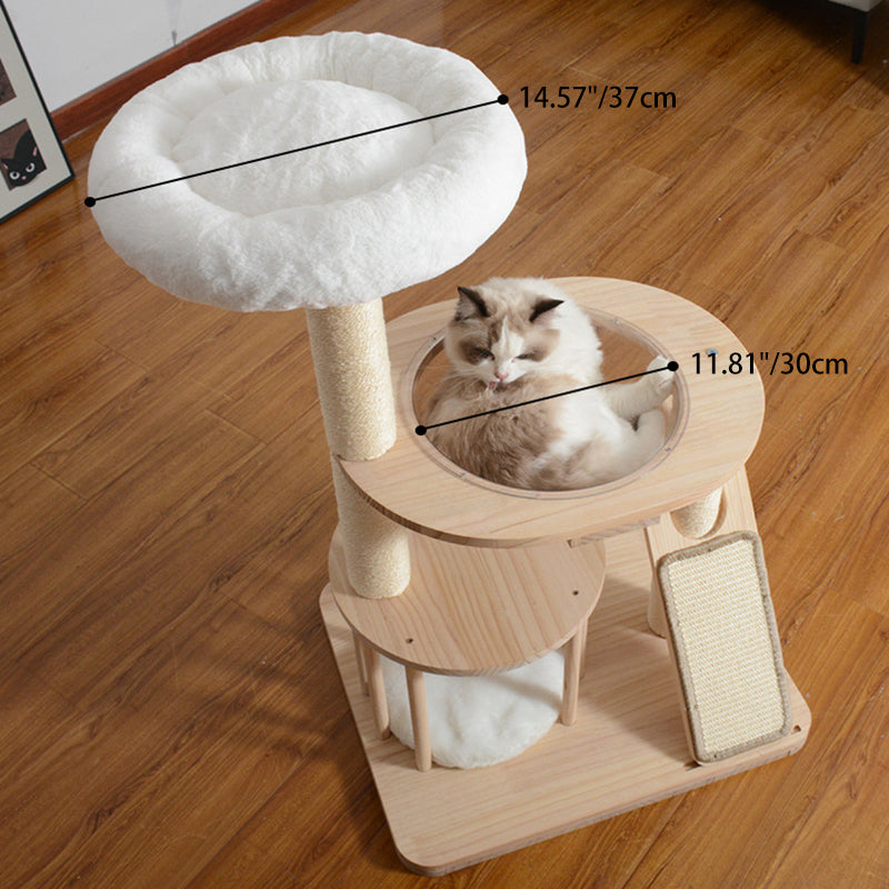 Contemporary Scandinavian Round Rubberwood Solid Wood Acrylic Velvet Fabric Sisal Cat Tree 3-Tier For Living Room