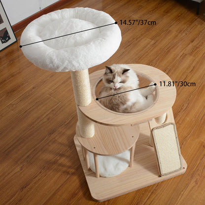 Contemporary Scandinavian Round Rubberwood Solid Wood Acrylic Velvet Fabric Sisal Cat Tree 3-Tier For Living Room