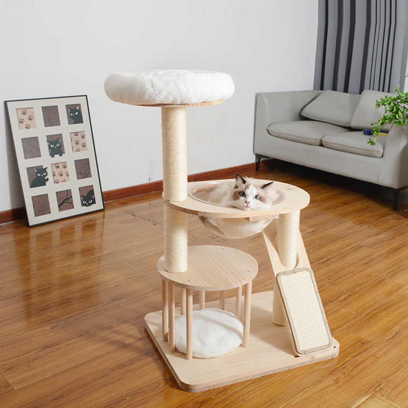 Contemporary Scandinavian Round Rubberwood Solid Wood Acrylic Velvet Fabric Sisal Cat Tree 3-Tier For Living Room
