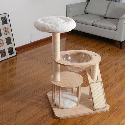 Contemporary Scandinavian Round Rubberwood Solid Wood Acrylic Velvet Fabric Sisal Cat Tree 3-Tier For Living Room