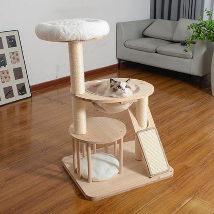 Contemporary Scandinavian Round Rubberwood Solid Wood Acrylic Velvet Fabric Sisal Cat Tree 3-Tier For Living Room
