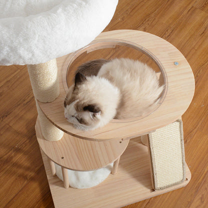 Contemporary Scandinavian Round Rubberwood Solid Wood Acrylic Velvet Fabric Sisal Cat Tree 3-Tier For Living Room
